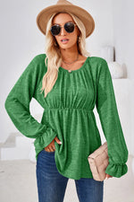 Ruched Round Neck Flounce Sleeve Blouse