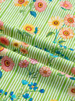Stripe Floral Printed Scalloped Detail Ruffle Short Sleeve Blouse