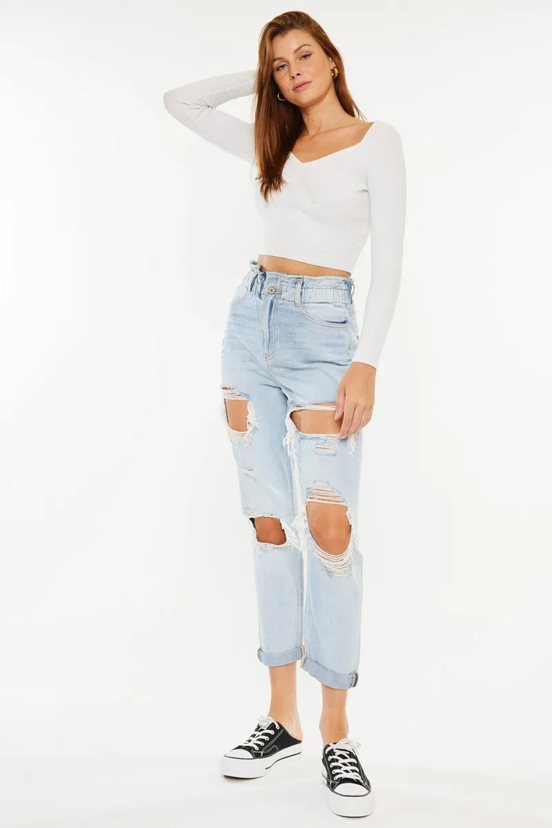 Kancan Open Pack Paperbag Mom Jeans - Ladyez