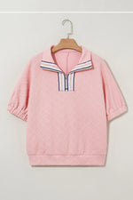 Contrast Striped Collar Patchwork Textured Half Sleeve Blouse