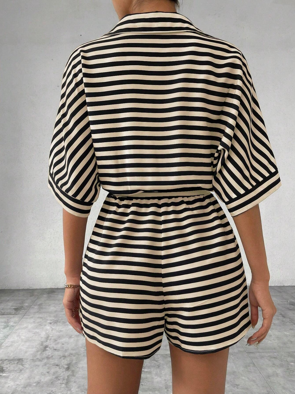 Tie Waist Half Button Striped Romper - Ladyez