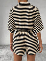 Tie Waist Half Button Striped Romper - Ladyez