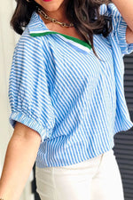 Striped Print Contrast Split Neck Dolman Sleeve Blouse - Ladyez
