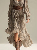 Plaid High-Low Long Sleeve Dress