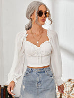 Mesh Sweetheart Neck Flounce Sleeve Top - Ladyez