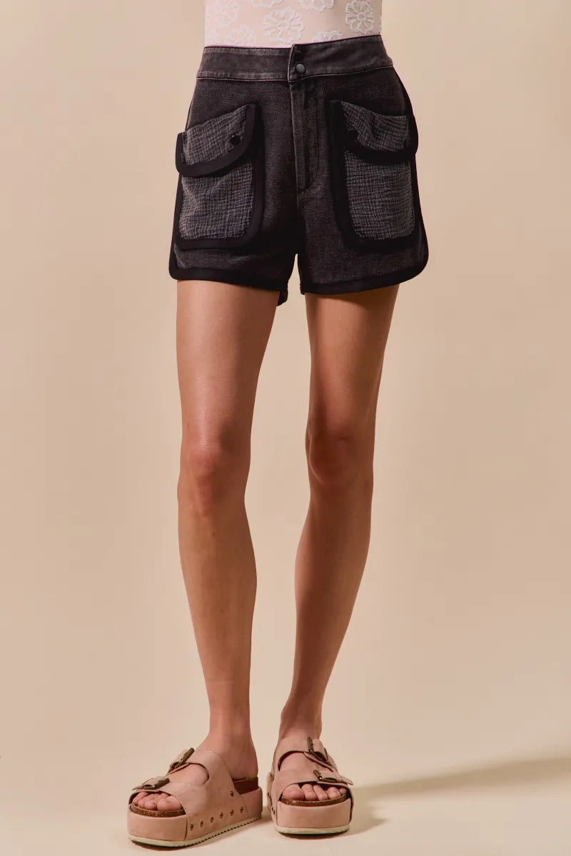 SO ME Mineral Washed Terry High Rise Cargo Shorts