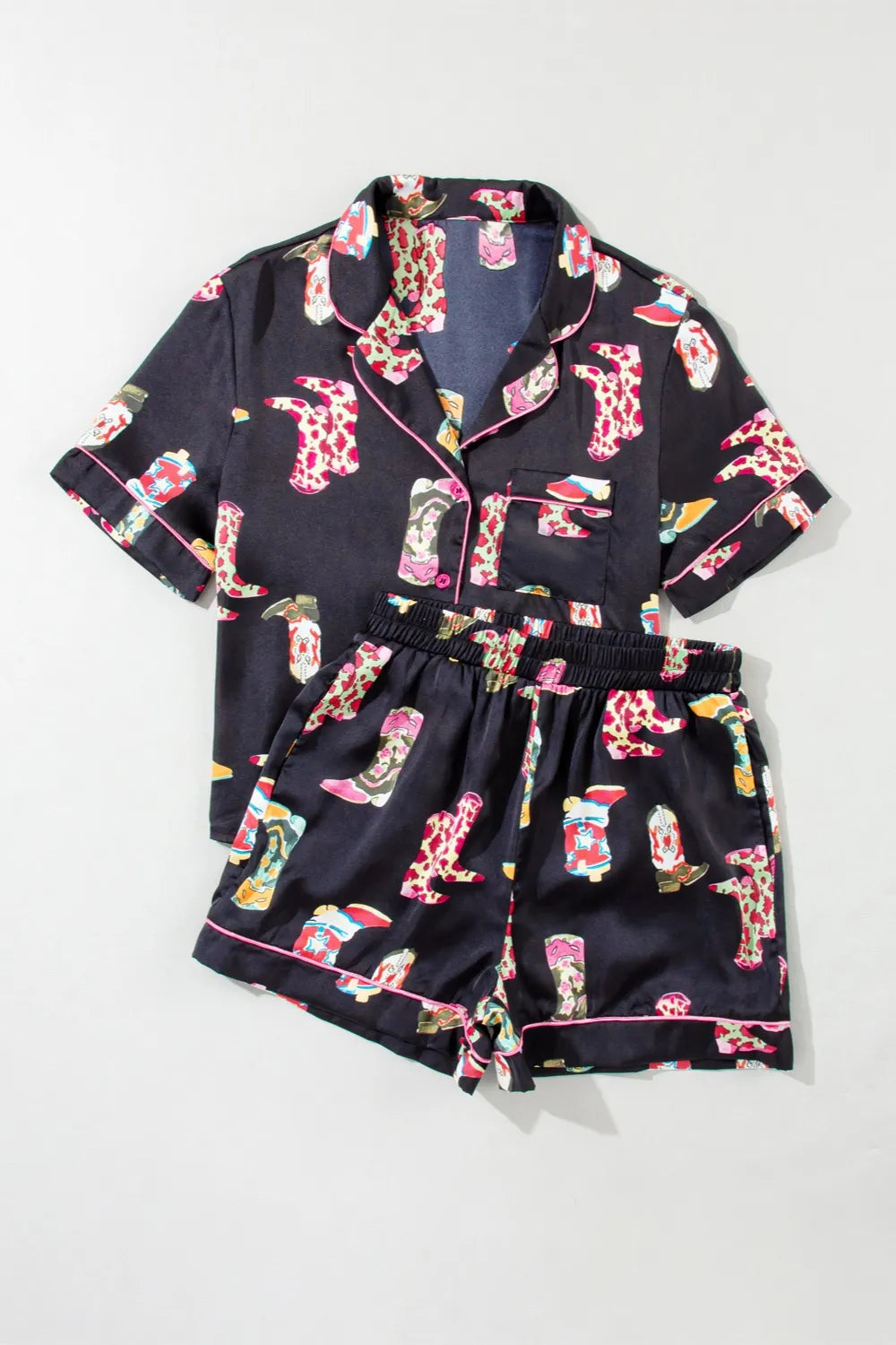 Printed Button Up Short Sleeve Top and Shorts Lounge Set - Ladyez