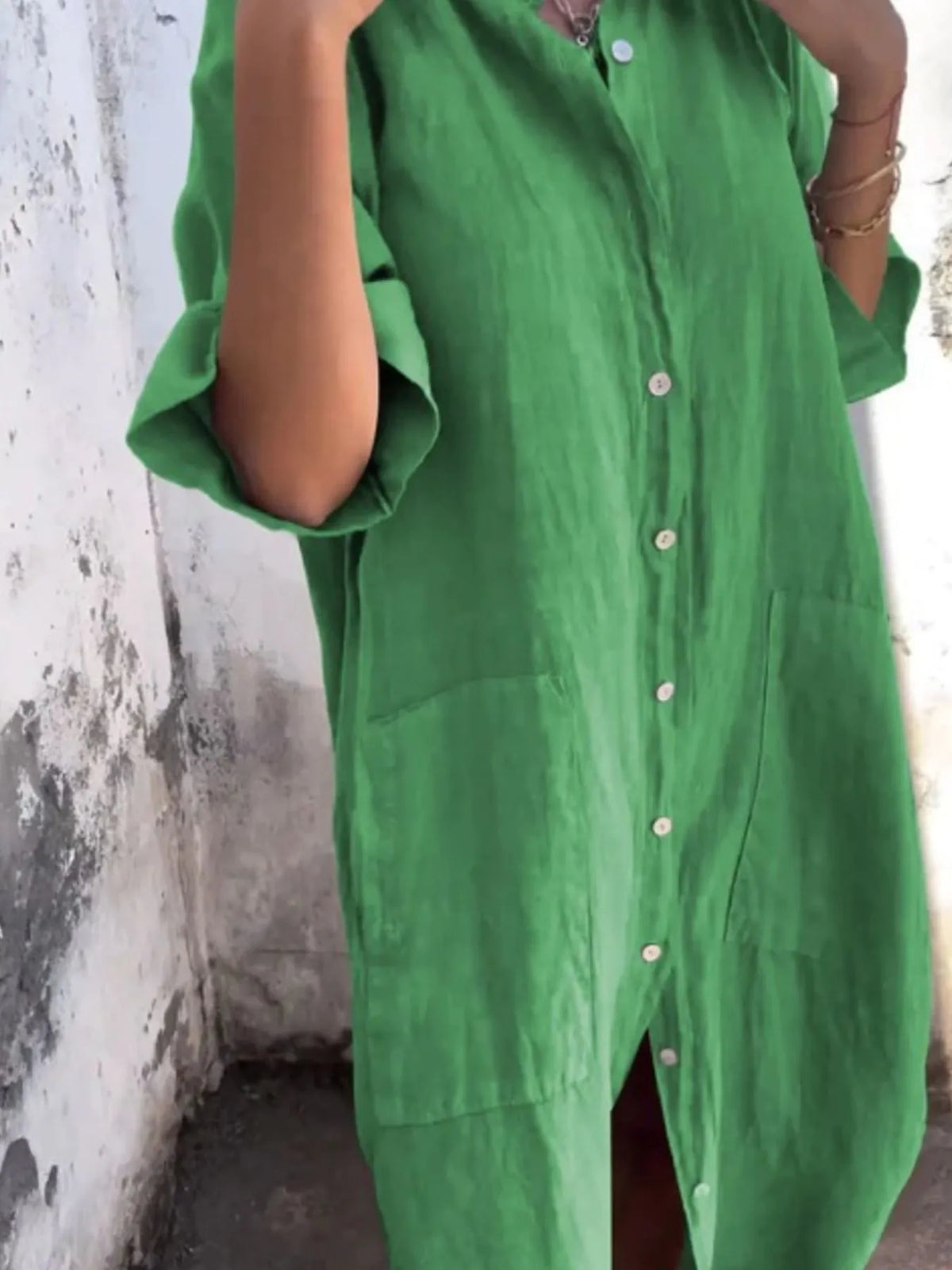 Full Size Casual Linen Button-Down Shirt Dress Plus Size - Ladyez