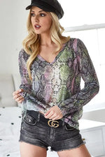 BiBi Snakeskin Print Low Gauge Hacci V Neck Top