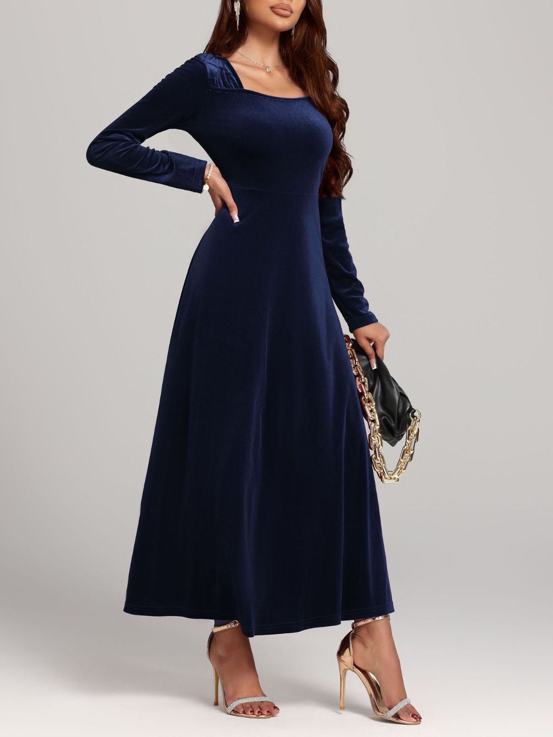 Square Neck Long Sleeve Velvet Dress - Ladyez