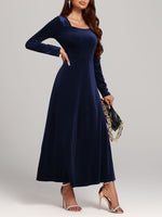 Square Neck Long Sleeve Velvet Dress - Ladyez