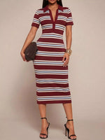 Striped Polo Collar Midi Dress