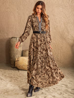 Ruched Printed Notched Long Sleeve Maxi Dress - Ladyez