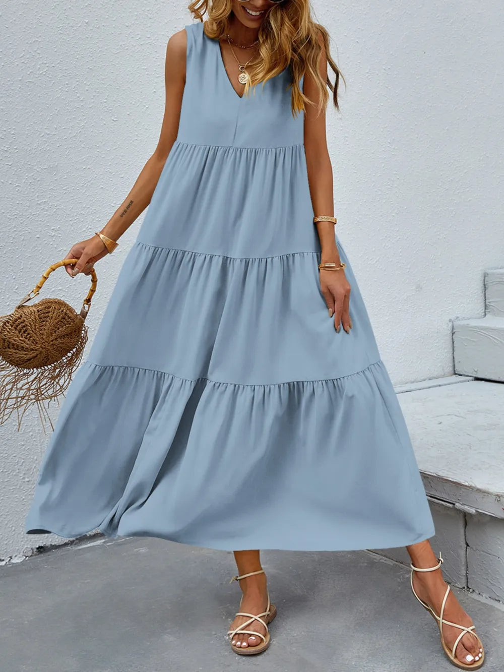 FAM-FAM Tiered V-Neck Sleeveless Dress - Ladyez