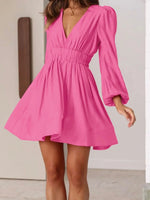 Ruched V-Neck Balloon Sleeve Mini Dress
