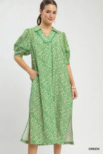 Umgee Printed Puff Sleeve Midi Dress with Pockets
