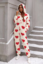 Fuzzy Heart Zip Up Hooded Lounge Jumpsuit - Ladyez