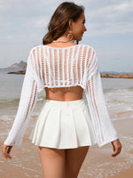 Openwork Boat Neck Long Sleeve Cover-Up - Ladyez