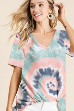 BiBi Tie Dye Print Terry V Neck Short Sleeve Top