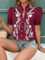 Embroidered Frill Notched Short Sleeve Blouse - Ladyez