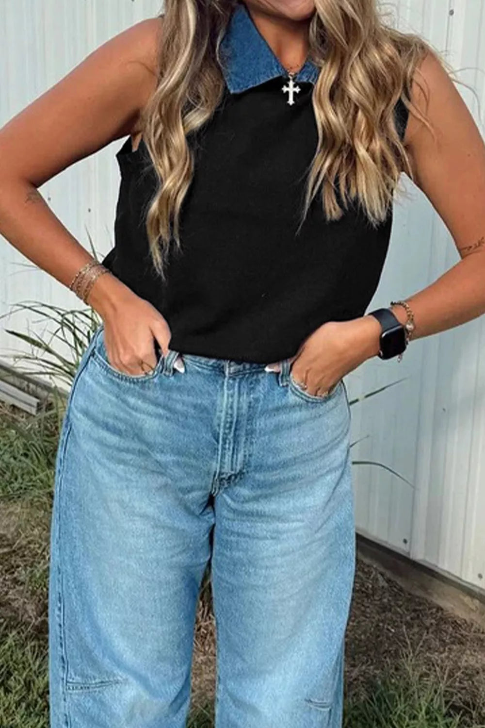 Contrast Denim Collar Sweater Vest