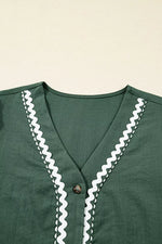 Contrast Ricrac Trim Button V Neck Knotted Bracelet Sleeve Shift Dress