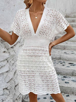 Openwork Plunge Short Sleeve Cover-Up Dress - Ladyez