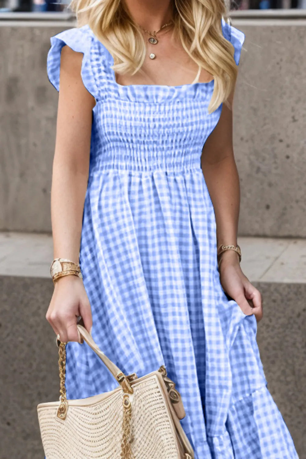 Full Size Smocked Ruffled Plaid Ruffle Hem Dress - Ladyez