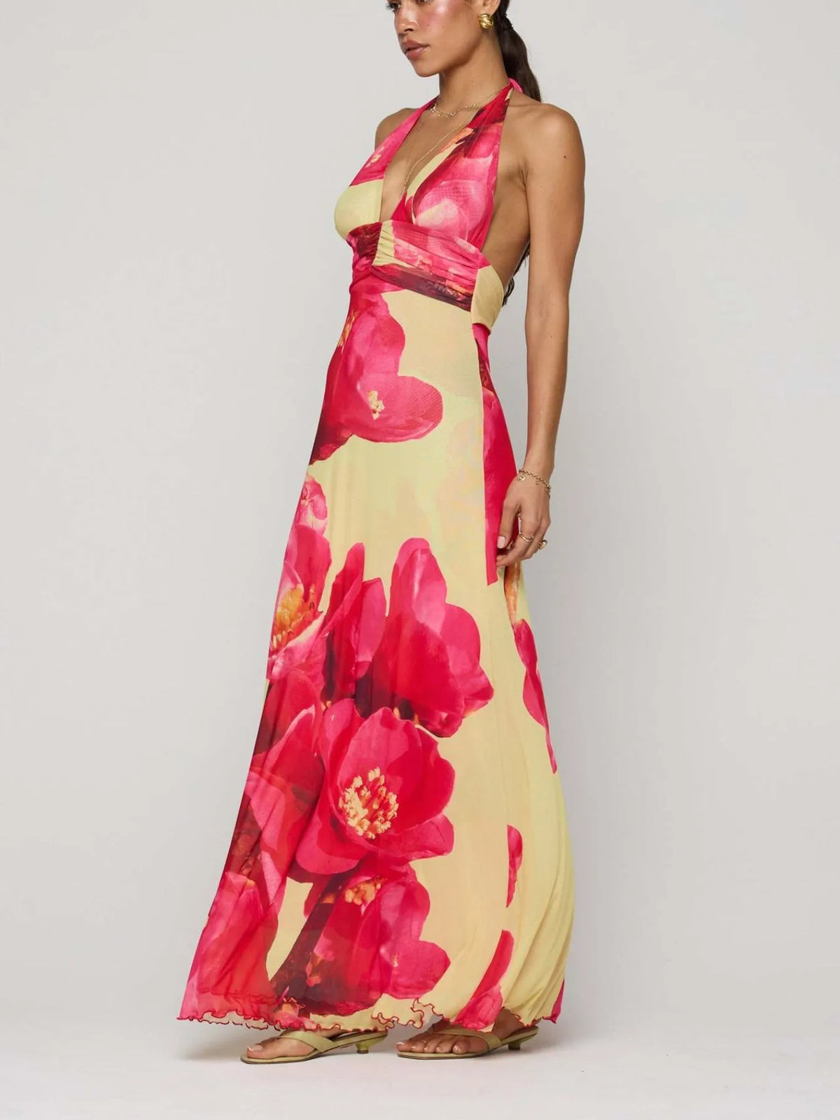 Floral Halter Neck Deep V Maxi Dress - Ladyez