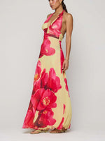 Floral Halter Neck Deep V Maxi Dress - Ladyez