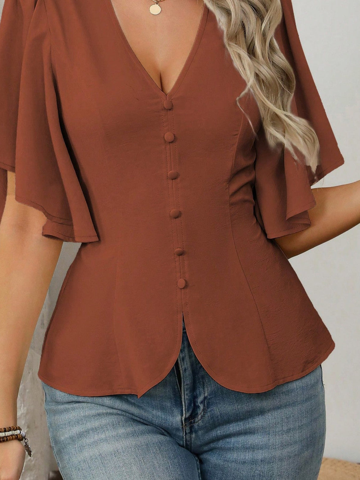 V-Neck Flutter Sleeve Blouse