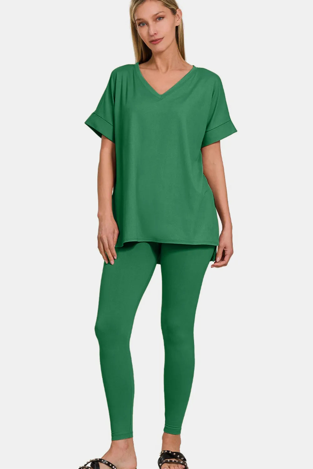 Zenana Full Size V-Neck Rolled Short Sleeve T-Shirt and Leggings Lounge Set - Ladyez