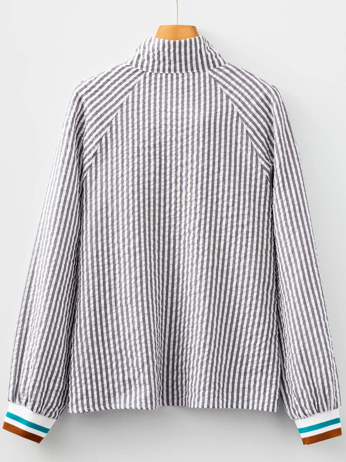 Striped Print Contrast Patchwork Detail Split Neck Blouse