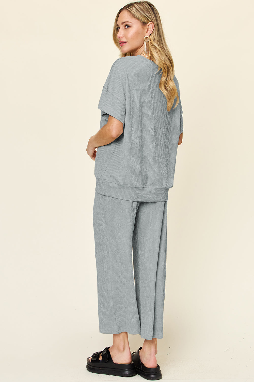 Double Take Full Size Texture Round Neck Short Sleeve T-Shirt and Wide Leg Pants - Ladyez