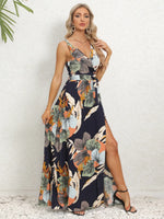 Slit Tied Printed Surplice Dress - Ladyez