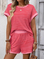Striped Casual Round Neck Top and Shorts Set