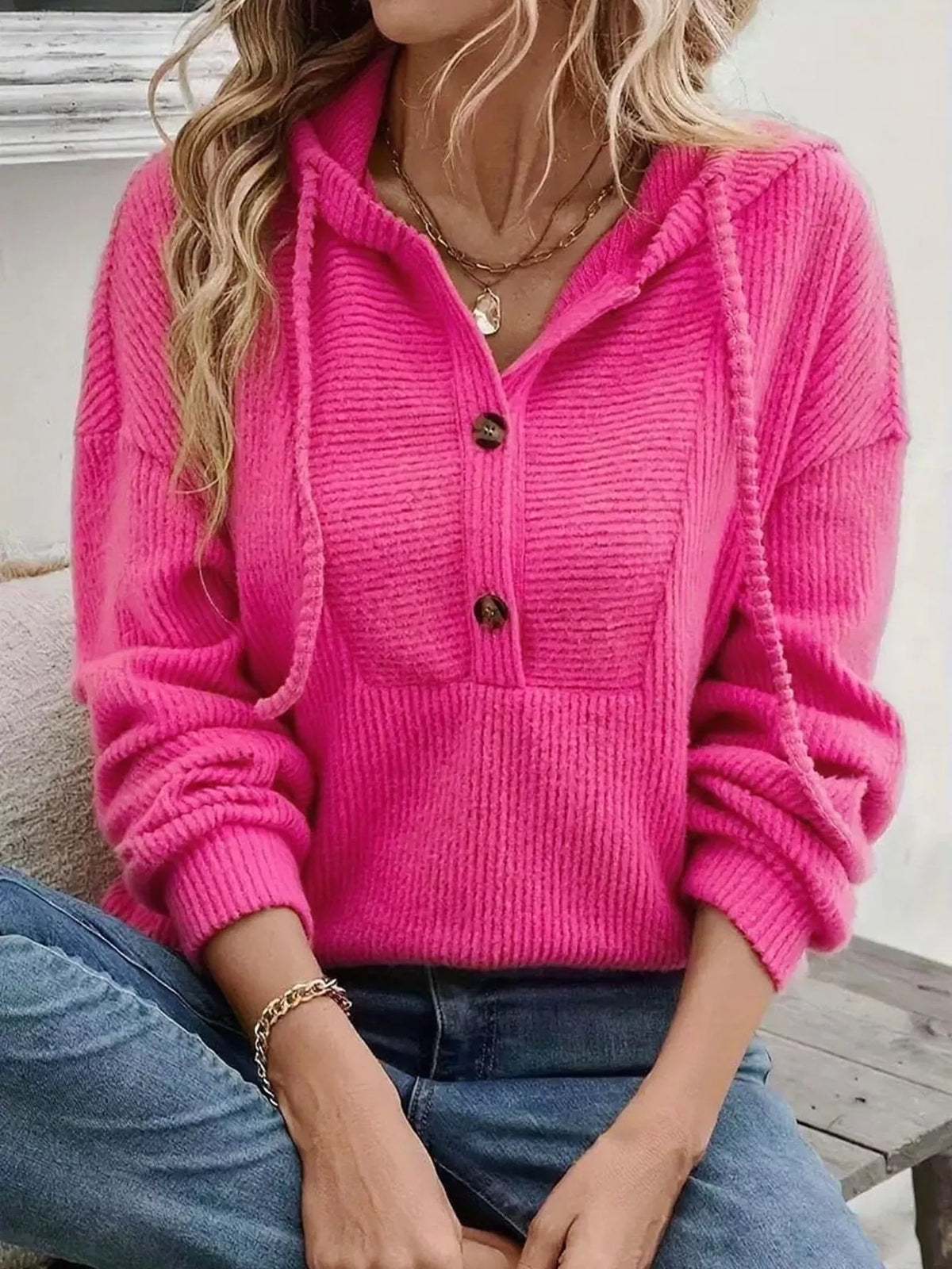 Button-Front Drawstring Hoodie