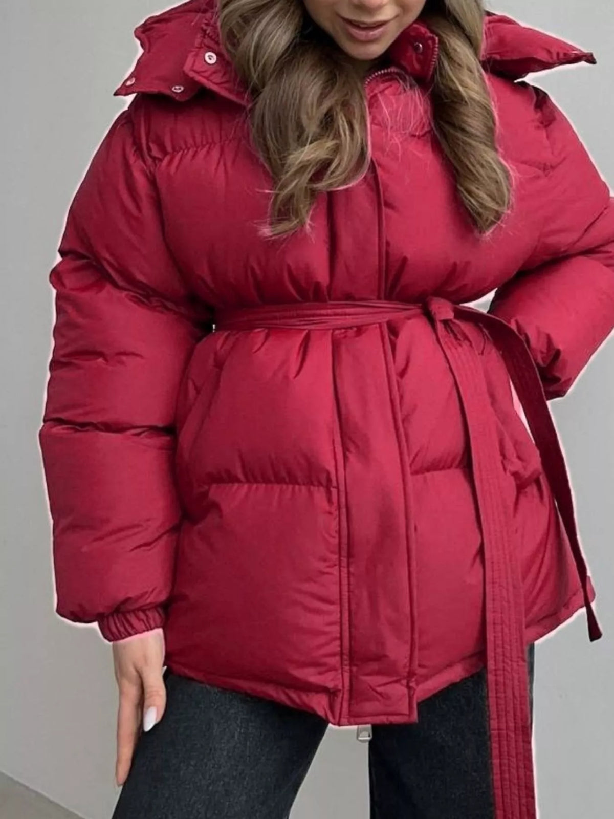 Mid-Length Thickened Hooded Winter Coat with Belted