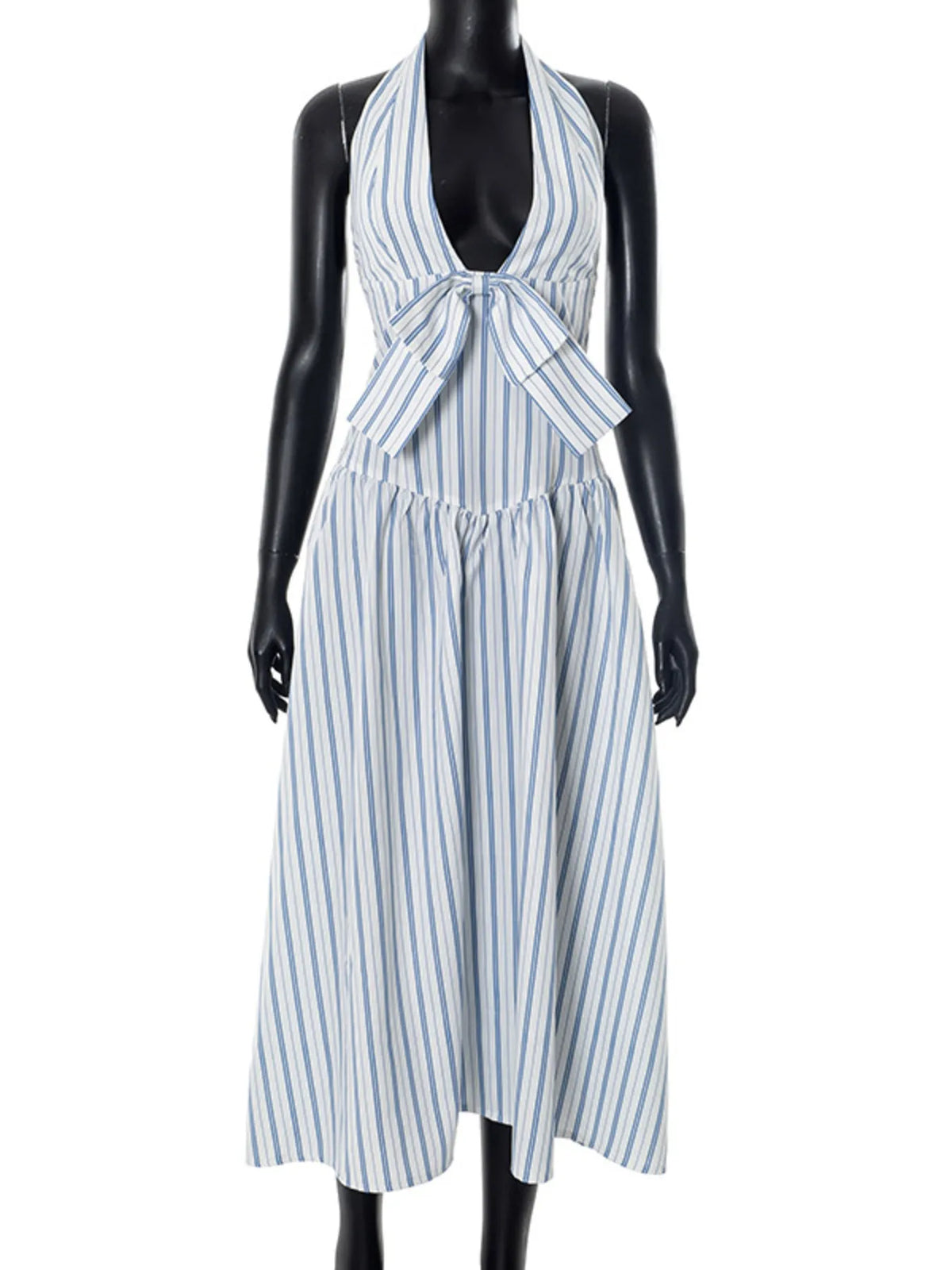 Striped Halter Neck Midi Dress with Tie Front Detail - Ladyez