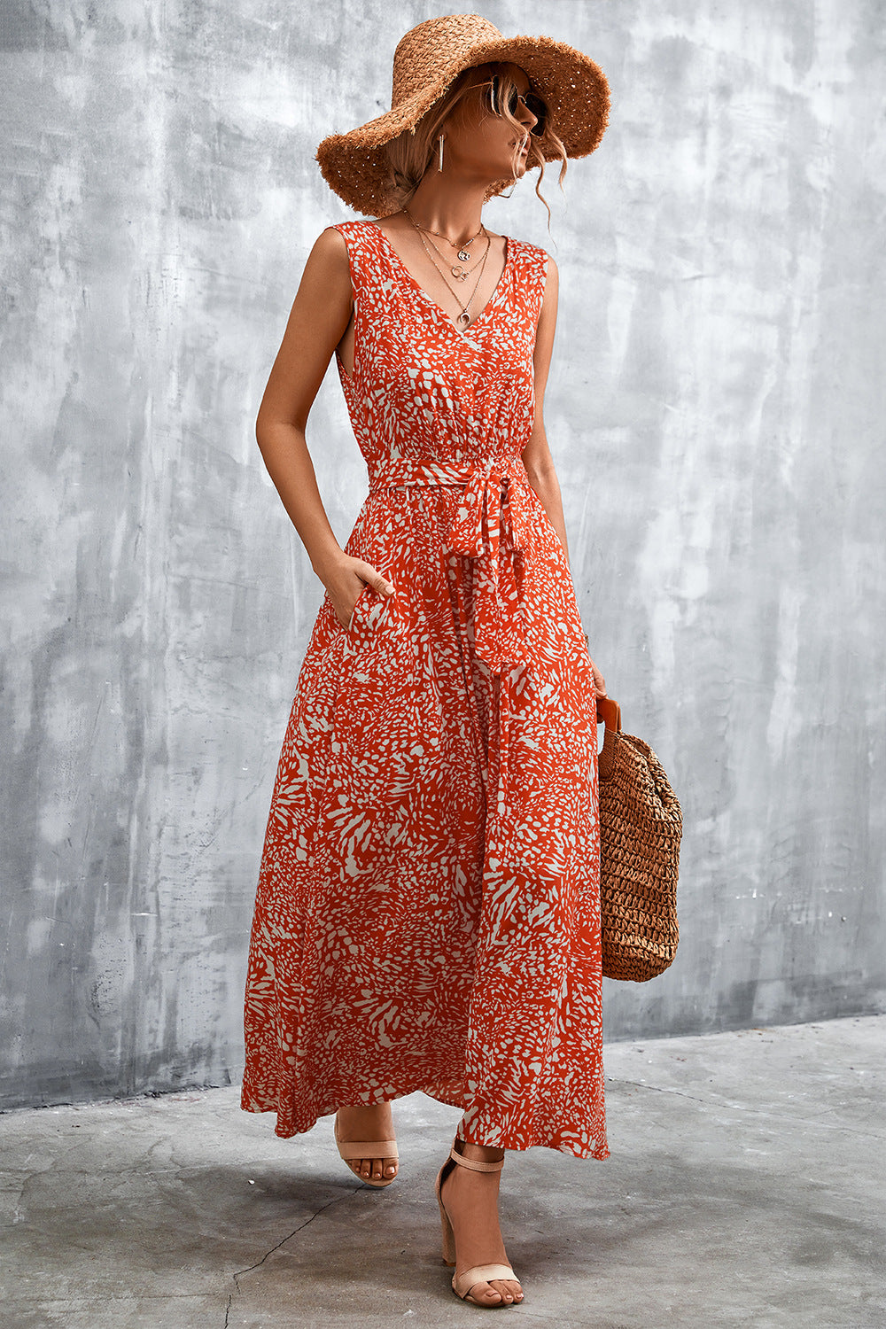Printed V-Neck Tie Waist Maxi Dress - Ladyez