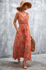Printed V-Neck Tie Waist Maxi Dress - Ladyez