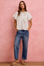 SO ME Cotton Gauze Lace Trim Flutter Sleeves Blouse Top