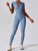 Basic Bae Half Zip Short Sleeve Active Jumpsuit - Ladyez