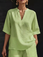 Full Size Notched Half Sleeve Top and Shorts Set Plus Size