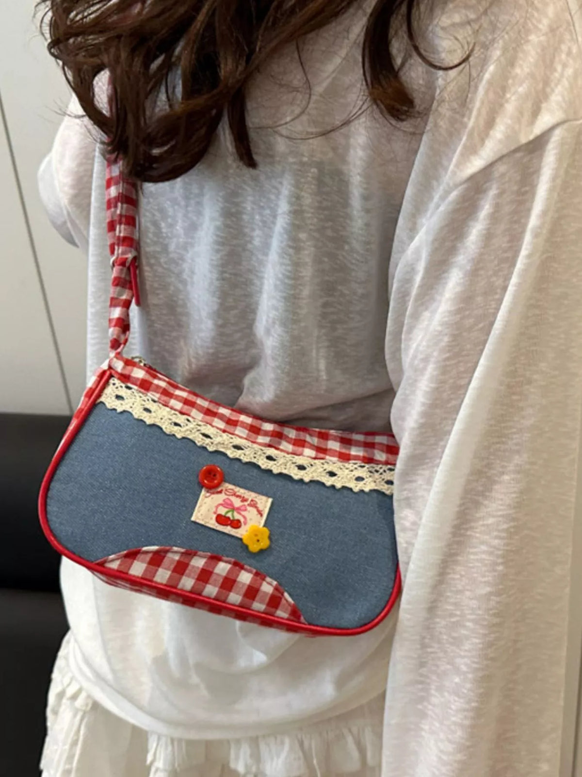 Cherry Plaid Strap Crossbody Bag