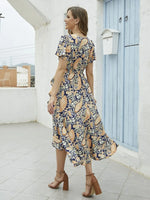 Floral Print Short Sleeve Wrap Midi Dress