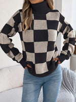 Checkered Turtleneck Long Sleeve Sweater