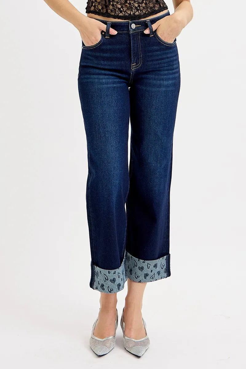 RISEN Full Size Mid Rise Fit Crop Wide With Printed Cuff Jeans Plus Size - Ladyez