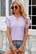 Eyelet Notched Flutter Sleeve T-Shirt