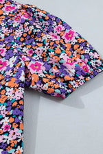 Ditsy Floral Print Plaid Colorblock Trim V Neck Blouse